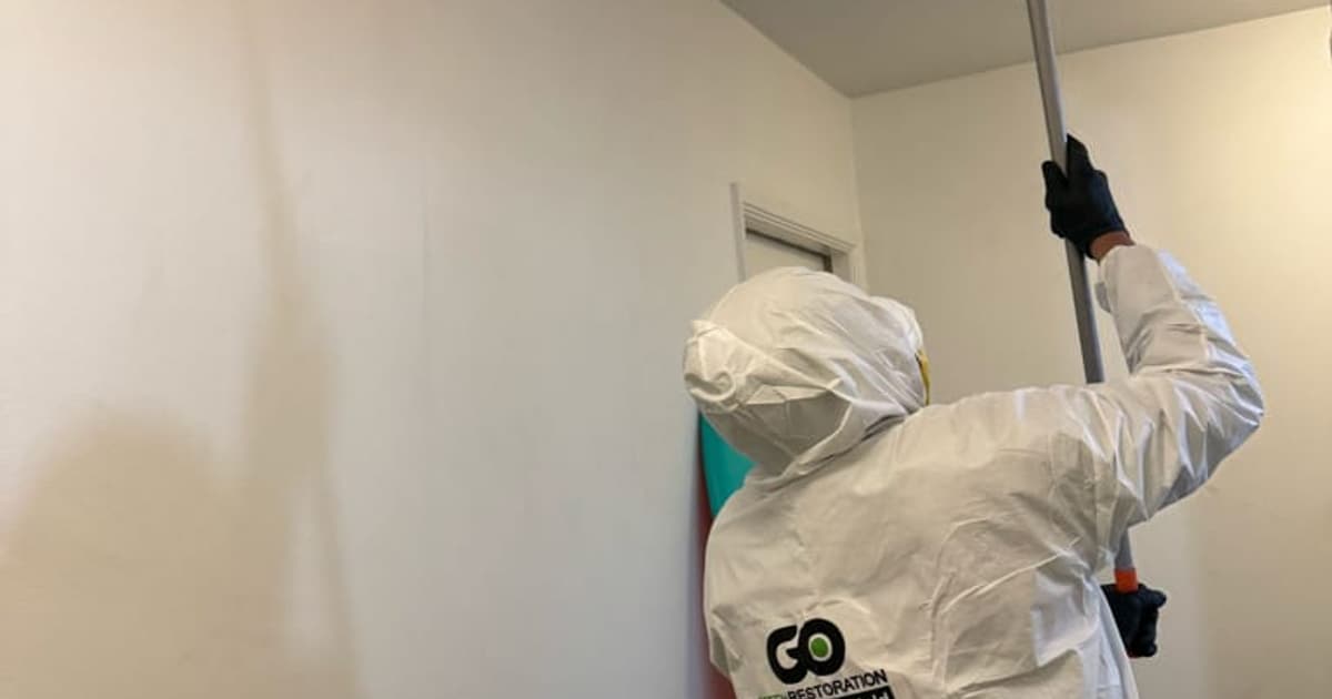 Soot residue across a fire-damaged room