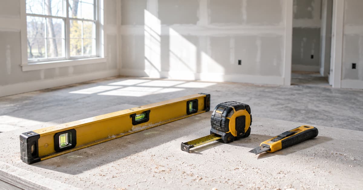 A level, tape measure and utility knife resting on freshly finished drywall