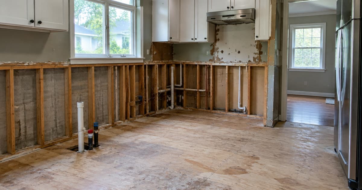 A suburban kitchen mid-remodel with cabinets removed and subfloor exposed