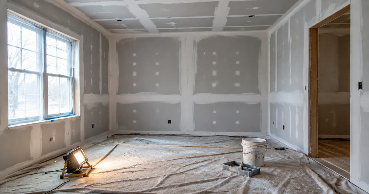 A residential room mid-reconstruction with fresh drywall hung and seams taped