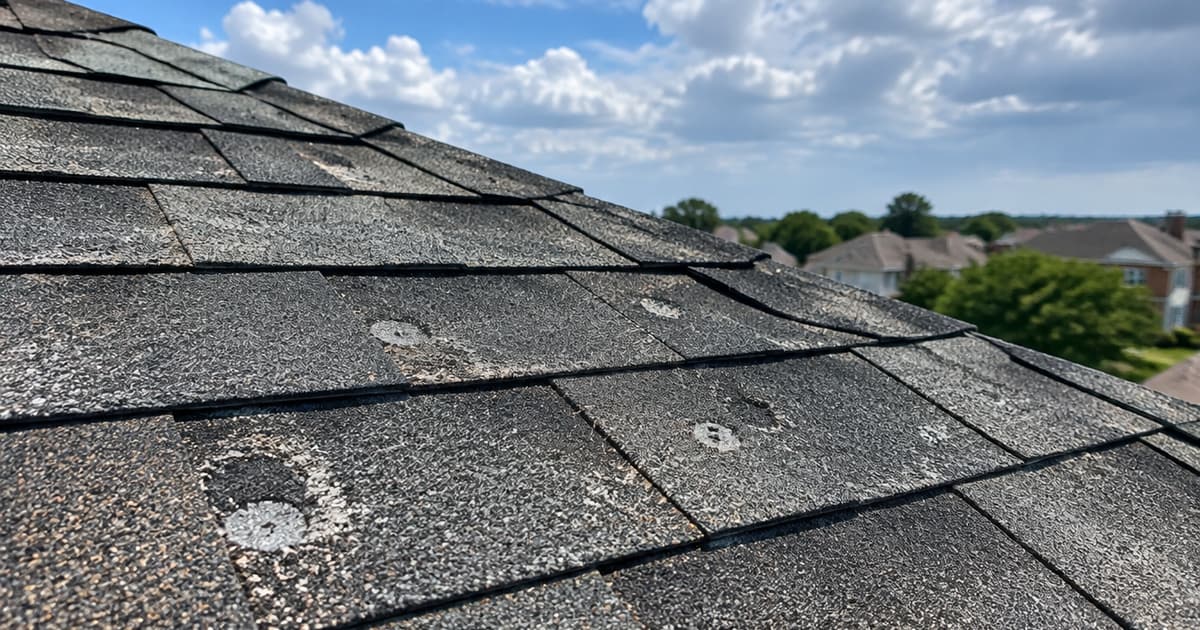 Hail-damaged asphalt shingles showing impact bruising and granule loss