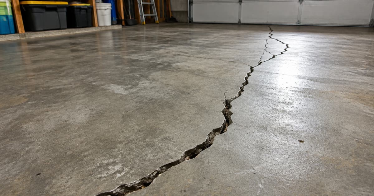 A crack running through a bare concrete slab floor caused by soil movement