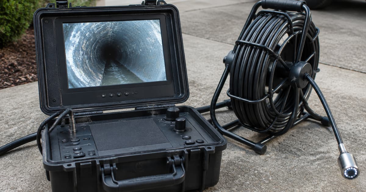 A sewer inspection camera monitor showing the interior of a pipe