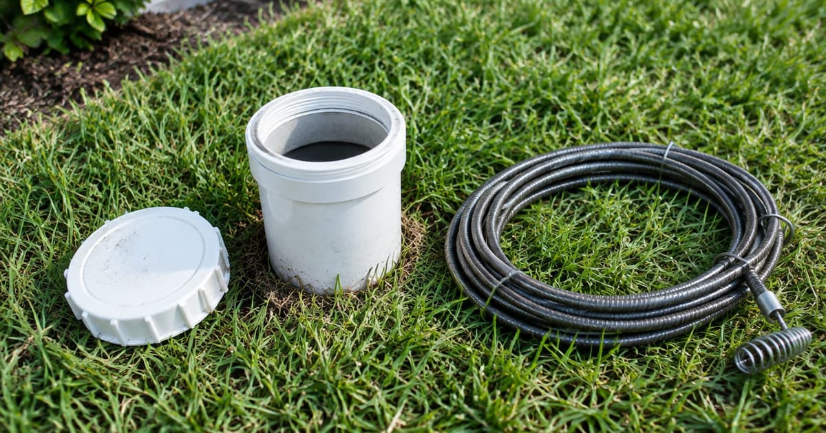 An open sewer cleanout in a suburban lawn with a drain auger cable