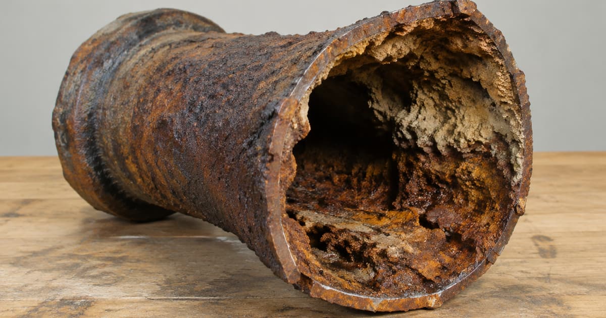 A cut section of corroded cast iron sewer pipe showing heavy interior scale