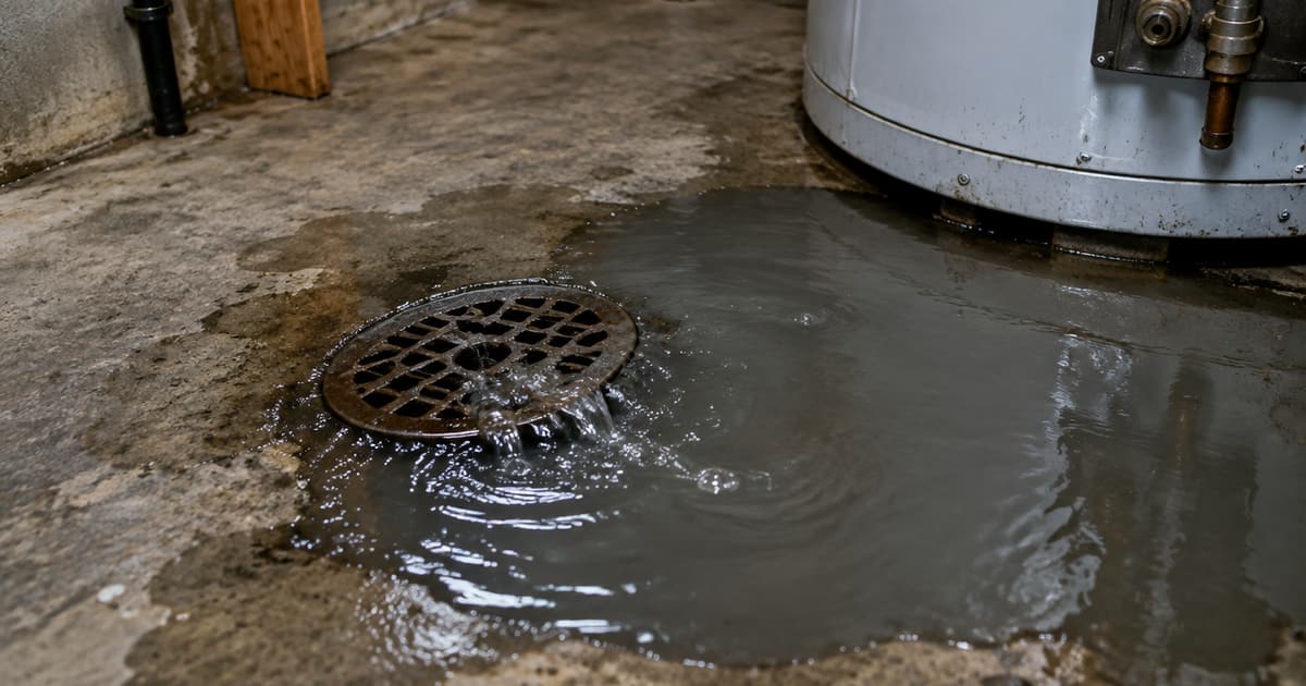 A utility room floor drain backing up onto damp concrete