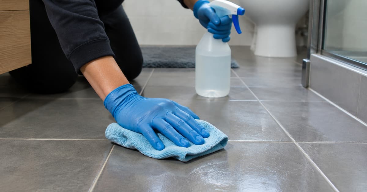 Gloved hands disinfecting a bathroom tile floor after a sewage backup