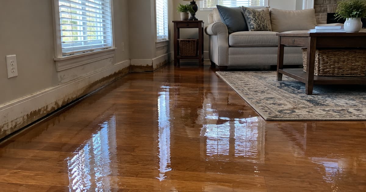Standing water pooled on hardwood flooring in a residential living room