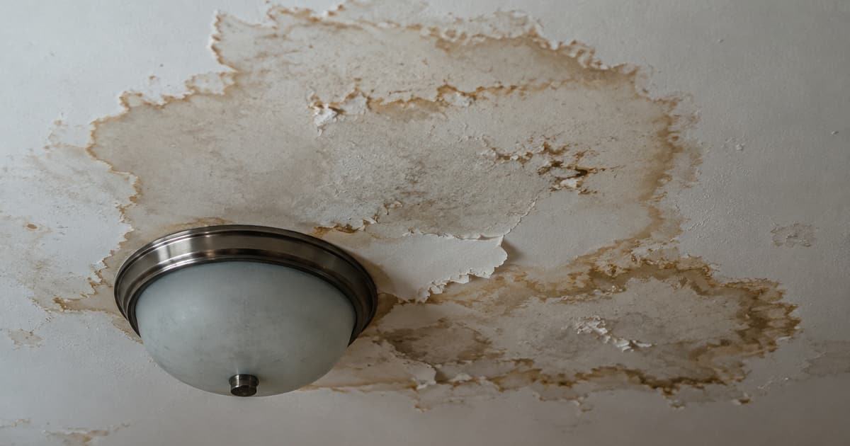 Water-stained residential ceiling with bubbling paint around a light fixture