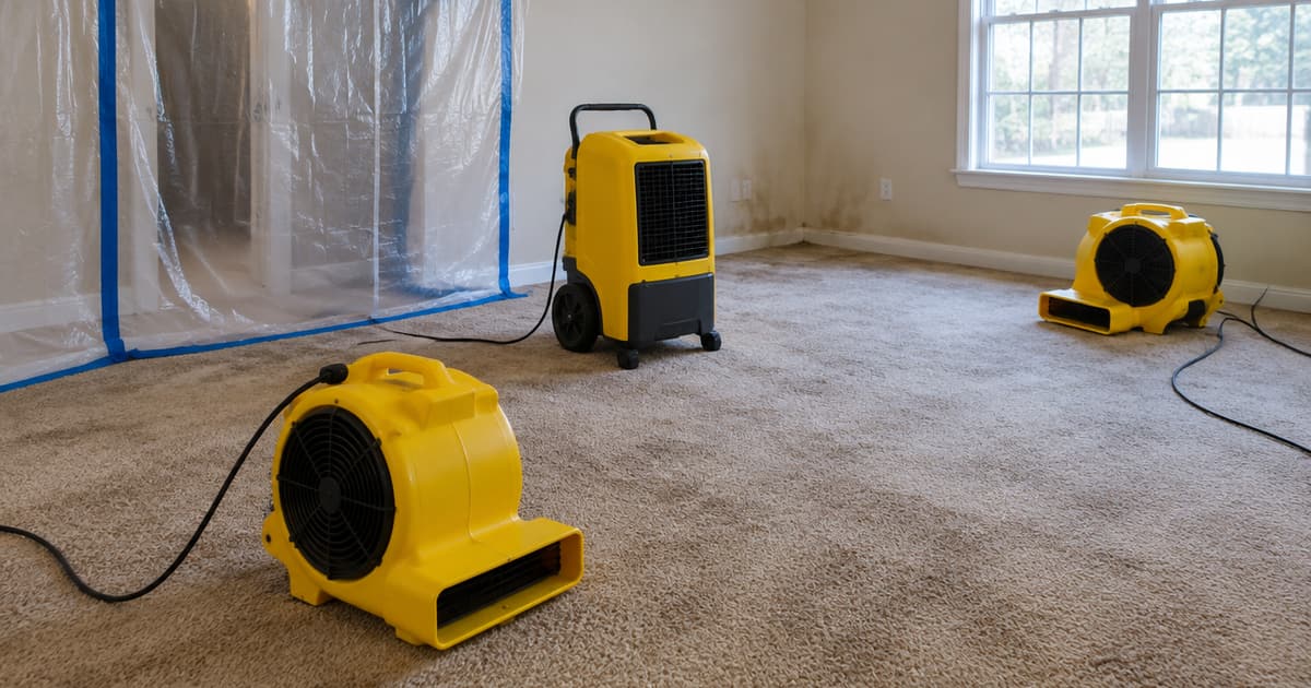 Air movers and a dehumidifier drying a damp carpeted room behind containment sheeting