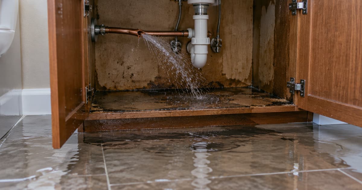 Burst copper supply line under a bathroom vanity with water across the tile floor