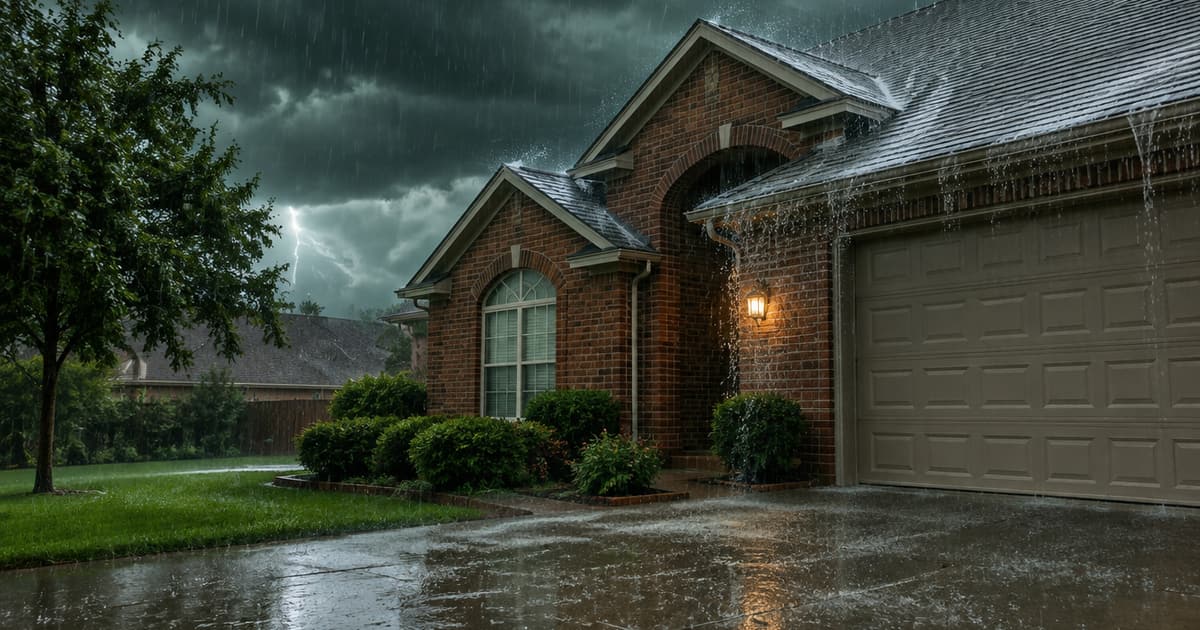 Heavy spring thunderstorm driving rain against a brick suburban Texas home